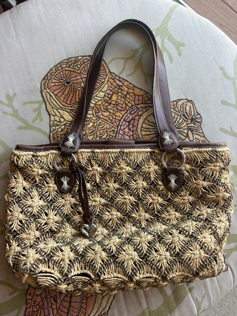 Vintage Brighton Woven Straw Tote Bag with Brown Leather Accents with Heart - Picture 5 of 10